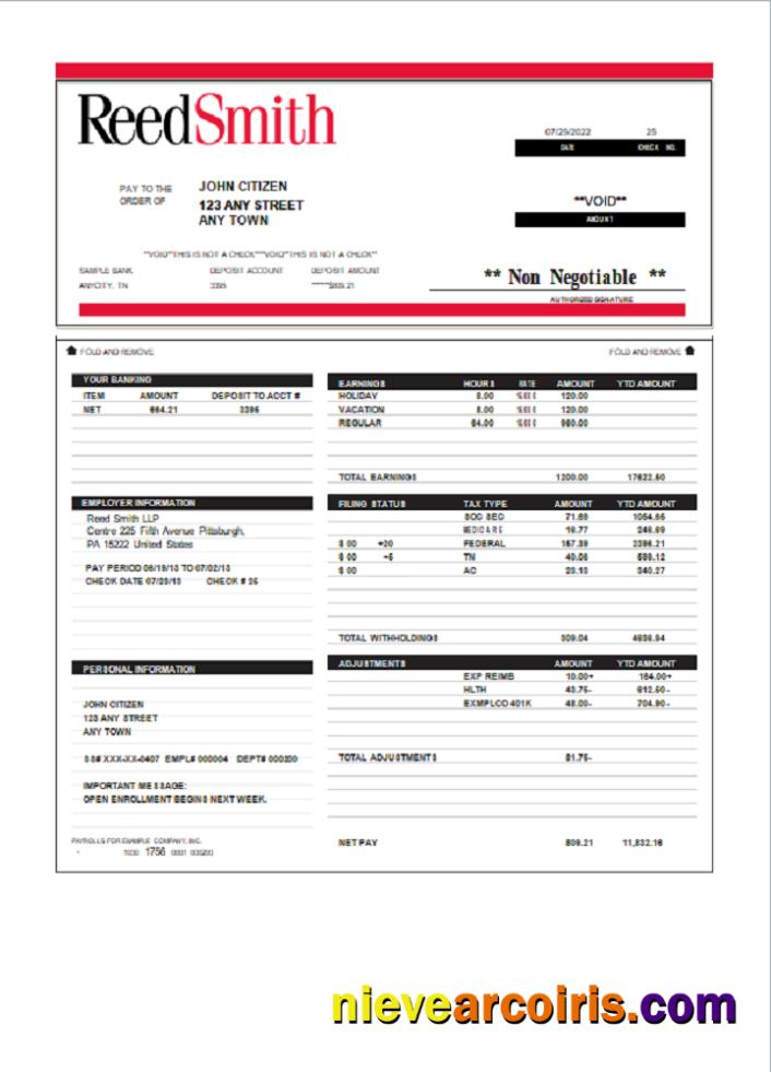 USA Reed Smith LLP law company pay stub